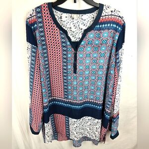 Eyeshadow Navy and Coral Patterned Long Sleeve V Neck Shirt Sz 2X